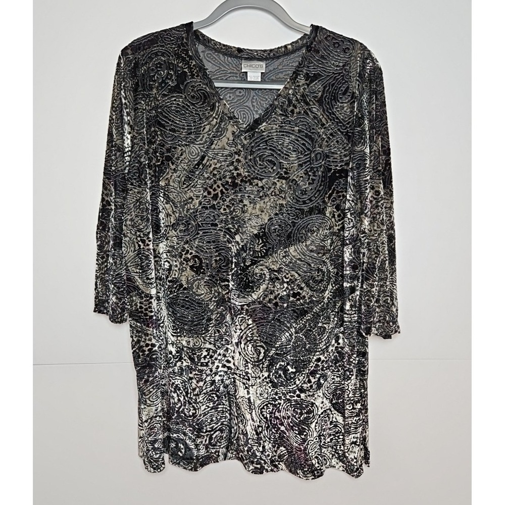 Chico's Womens Burnout Paisley V Neck 3/4 Sleeve Blouse Size 3 (XL)